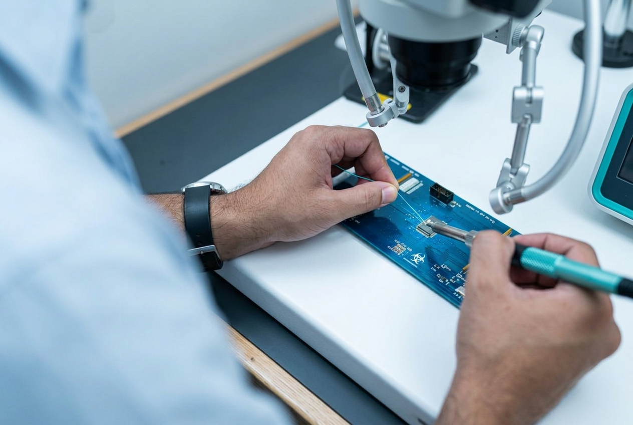 Engineer inspecting an electronic circuit board under precision equipment