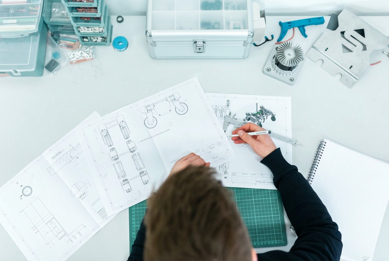 Engineer reviewing technical drawings and measuring a component at a prototyping workbench