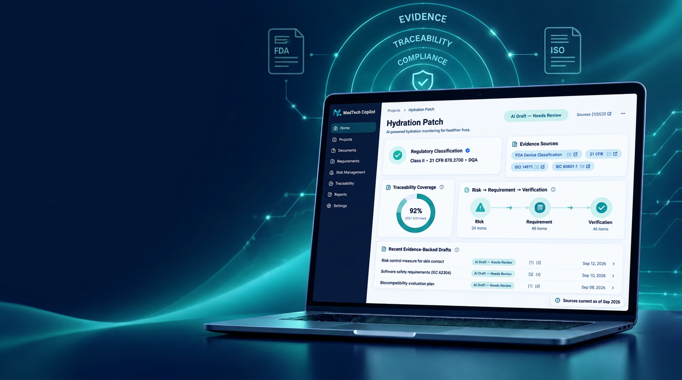 A MedTech Copilot project workspace on a laptop showing regulatory classification, evidence sources, traceability coverage and the risk to requirement to verification chain, surrounded by evidence, traceability and compliance rings
