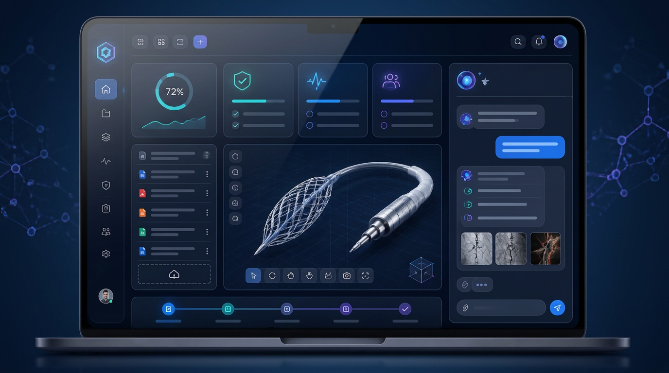 MedTech Copilot dashboard preview showing a cardiac stent in the 3D device viewer alongside project health, AI copilot, and device documentation